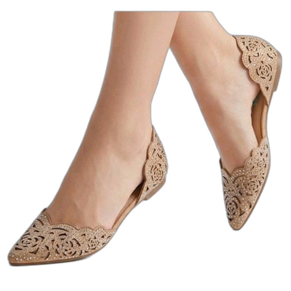 Betsey Johnson Nude Tan Laser-Cut Pointed Toe Flats